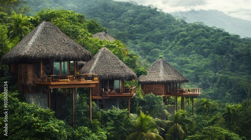 Thatched-roof eco-resort villas nestled in a dense tropical hillside, ideal for travel and sustainable tourism.