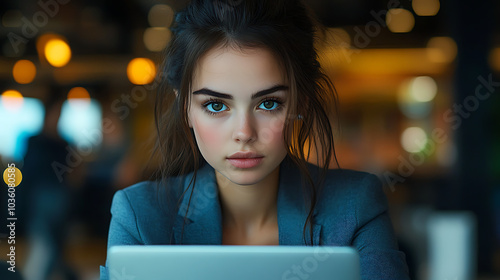 A woman is sitting at a table with a laptop in front of her