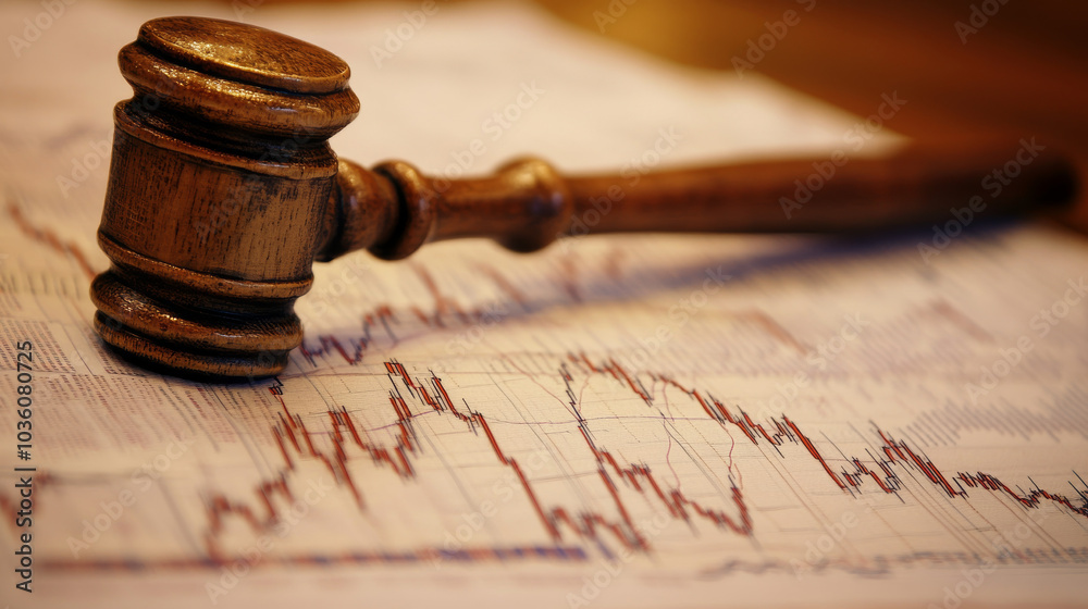 A judge's hammer and a stock market graph represent the connection between law and the world of finance. A judge's hammer and a stock market graph represent the connection between law and the world of finance.