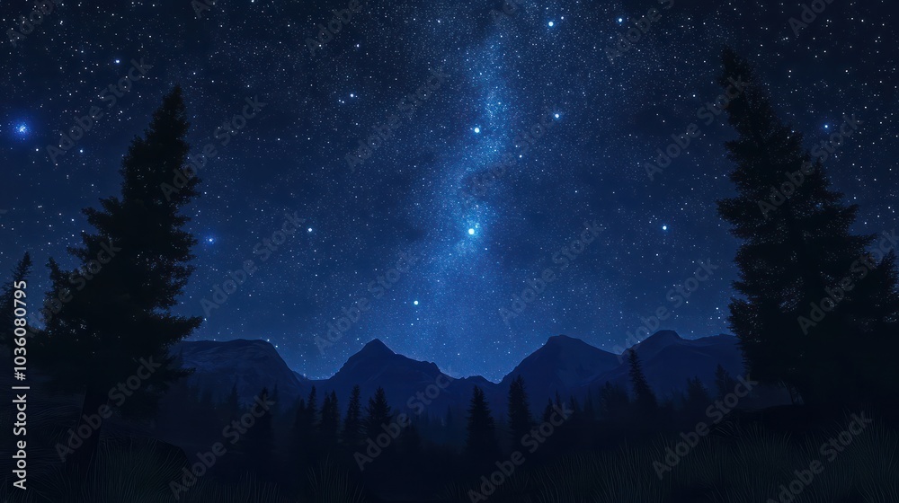 Naklejka premium The wonder and enormity of the night under the stars on a cloudless night. Milky Way and silhouettes of trees and mountains. Beautiful milky way with stars