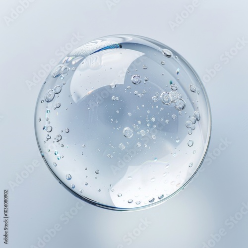 Glycerin gel texture. Water drop. Blue serum toner drop isolated on white background. Liquid moisturizing gel with bubbles macro