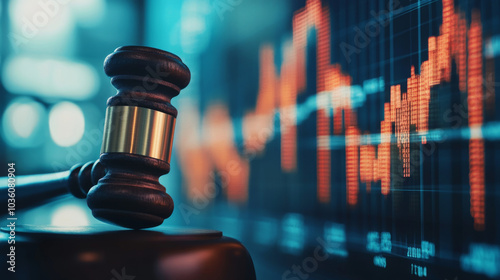 A judge's hammer and a stock market graph represent the connection between law and the world of finance.