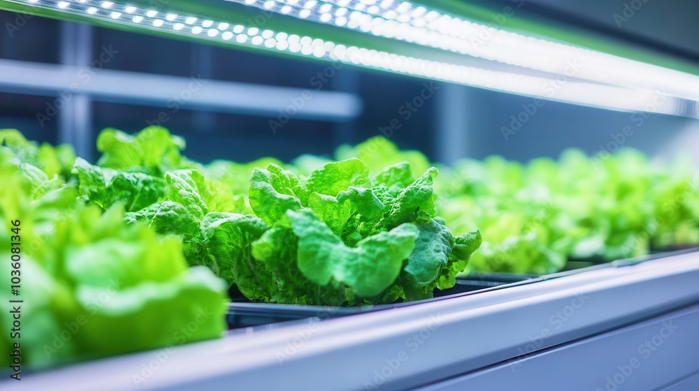 Close-up of a high-tech farm producing crops indoors with LED lights and automated watering, vertical farming, food technology in urban agriculture Close-up of a high-tech farm producing crops indoors with LED lights and automated watering, vertical farming, food technology in urban agriculture