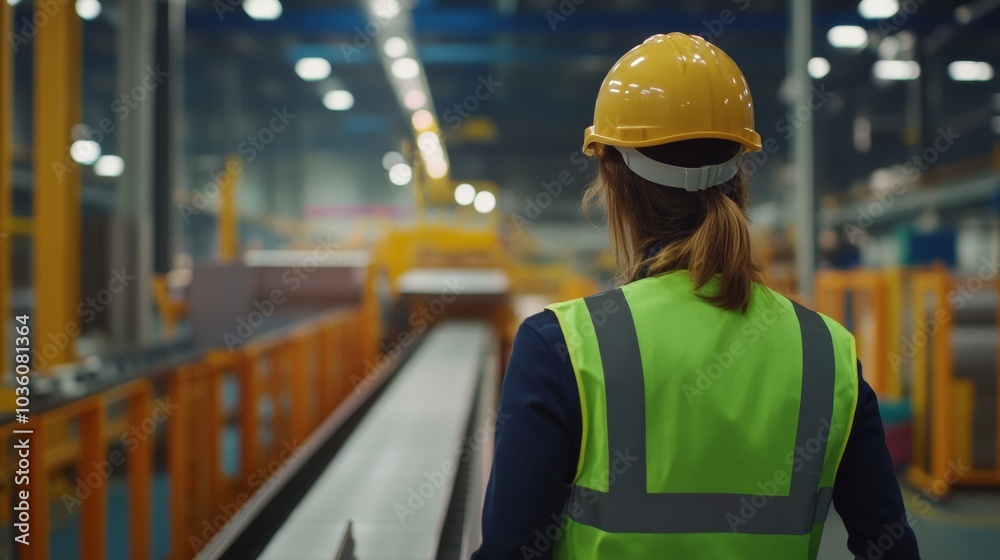 A detailed shot of a factory supervisor wearing a hard hat and safety vest, standing in front of a conveyor belt with moving products, Production line scene A detailed shot of a factory supervisor wearing a hard hat and safety vest, standing in front of a conveyor belt with moving products, Production line scene