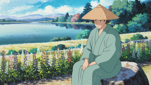 man sitting by a field of colorful flowers. anime-style painting back view of a man sitting peacefully by a lake wearing hat