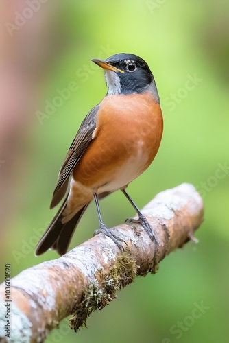 A Robin Bird Perched on a Mossy Branch in a Vibrant Forest During a Sunny Afternoon