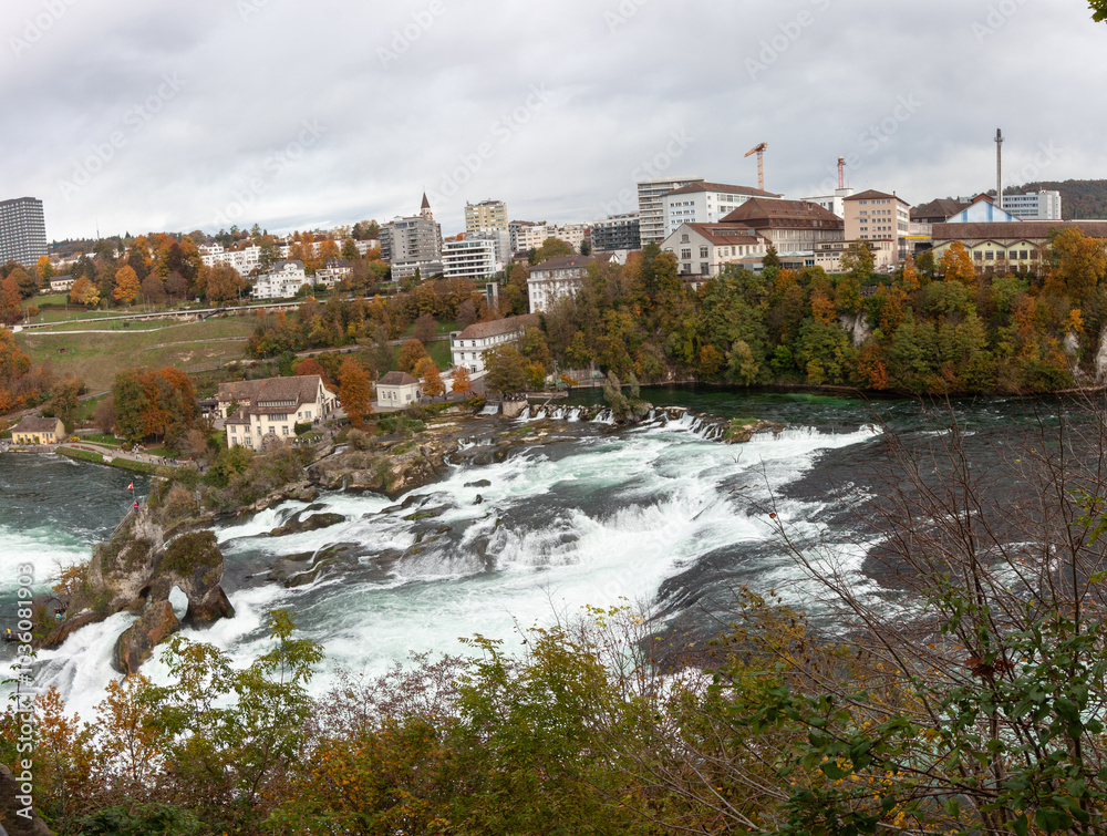 View of Rhine falls (Rheinfalls) the biggest waterfall in Europe View of Rhine falls (Rheinfalls) the biggest waterfall in Europe
