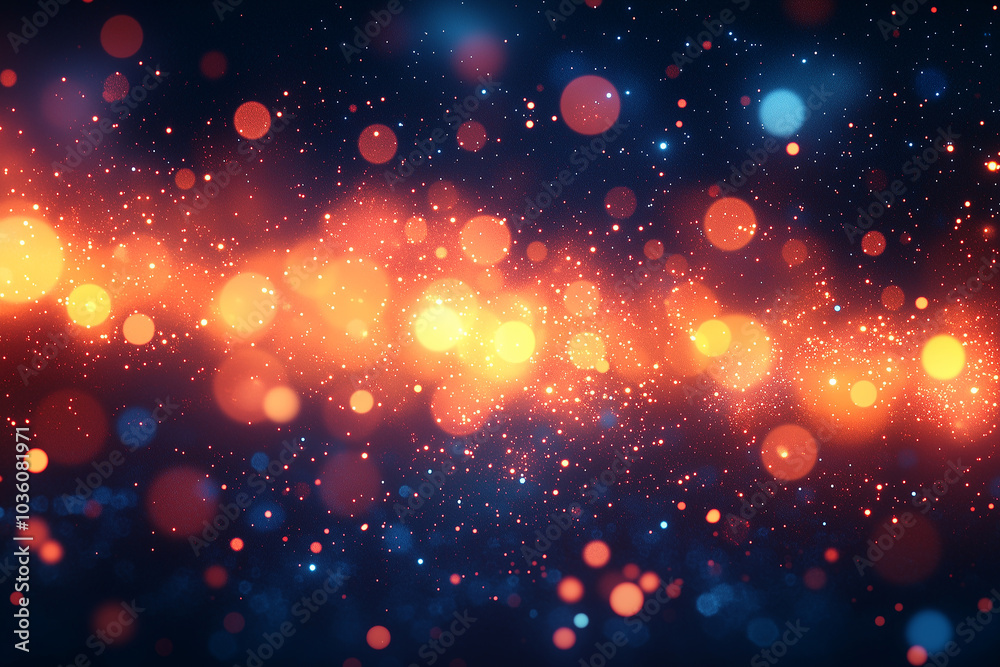 Obraz premium Colorful sparks of light create a vibrant cosmic background with glowing circles and bright particles in a dark space environment