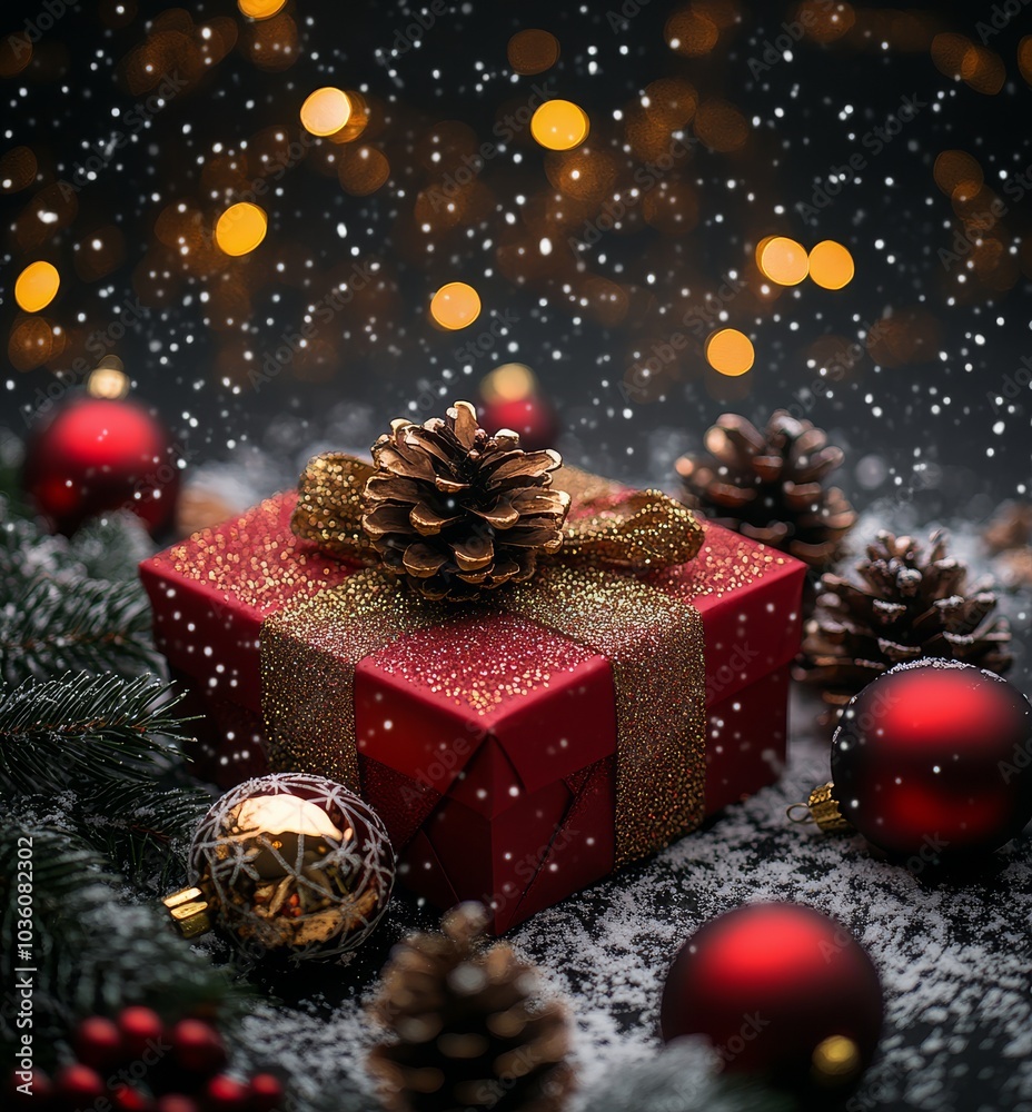 A beautifully wrapped Christmas gift surrounded by ornaments and pinecones during the holiday season