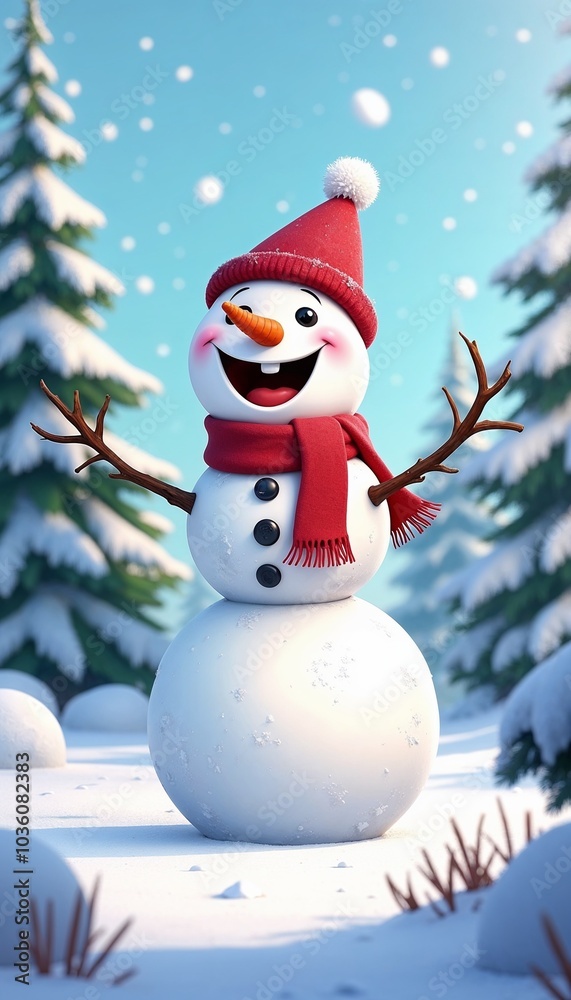 Cheerful snowman with a big smile standing in a snowy forest under falling snowflakes Cheerful snowman with a big smile standing in a snowy forest under falling snowflakes