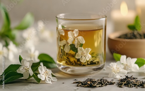 Fresh jasmine tea brewing with delicate flowers and green leaves arranged art...