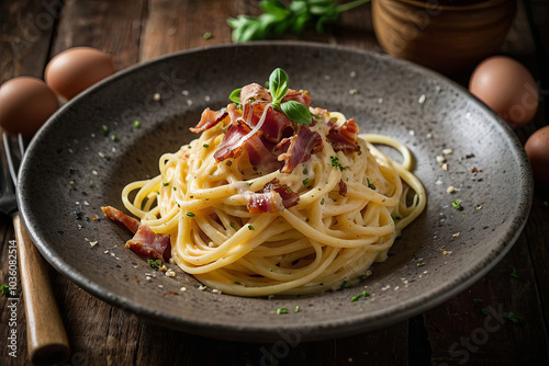 a Spaghetti Carbonara, with creamy strands of pasta delicately coated in a velvety egg and cheese sauce, speckled with crispy pancetta presented in rustic bowl