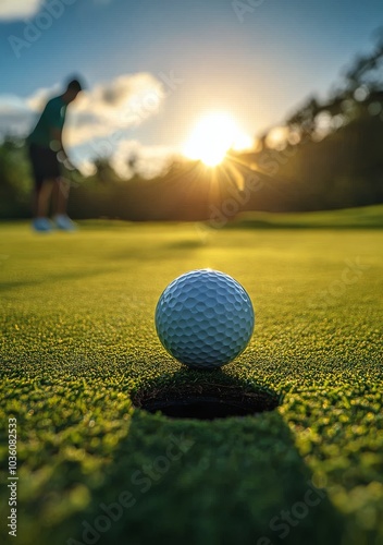 A golfer prepares to putt as the sun sets over the green in a serene evening ...