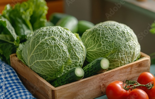 Freshly harvested vegetables including cabbage, cucumbers, and tomatoes arran...