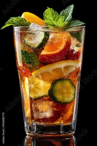 Vibrant fruits and mint in a refreshing summer drink, served in a clear glass