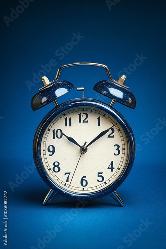 Classic silver alarm clock showing 6:00 against a dark blue background in a v...
