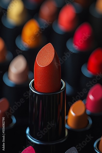 Close up view of various lipstick shades displayed in a cosmetics shop for be...