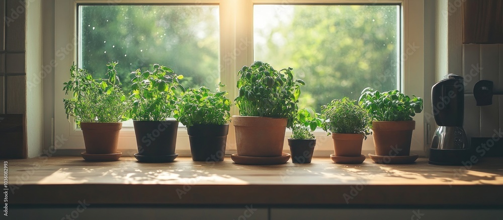 Fototapeta premium Row of potted herbs on a windowsill in a kitchen.