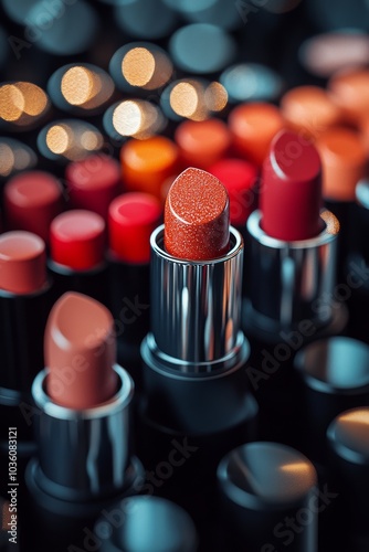 Close up view of various lipstick shades displayed in a cosmetics shop for be...