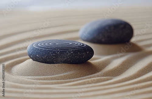 Smooth black stones resting on gently rippled sand, highlighting tranquility ...