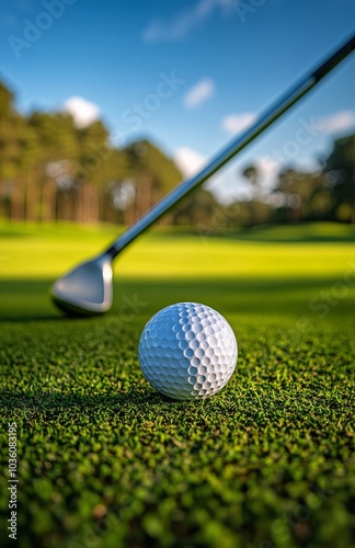 A golf ball and club positioned on the lush green fairway under a clear blue sky during a sunny day