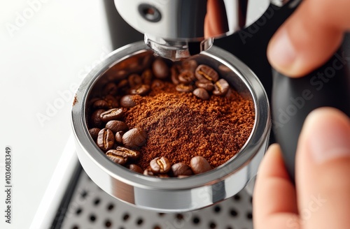 Brewing a fresh espresso shot with coffee grounds and beans in a modern coffe...