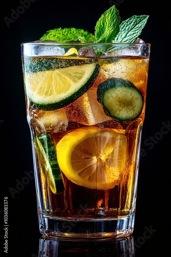 Vibrant fruits and mint in a refreshing summer drink, served in a clear glass