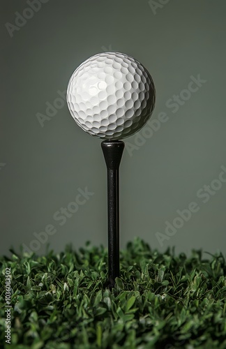 A golf ball and club positioned on the lush green fairway under a clear blue ...