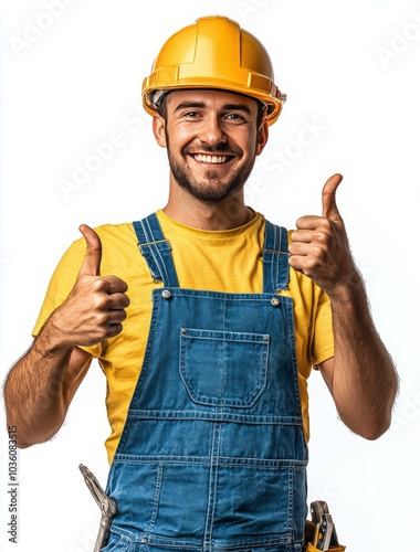 A young construction worker smiling and giving thumbs up while wearing a yell...