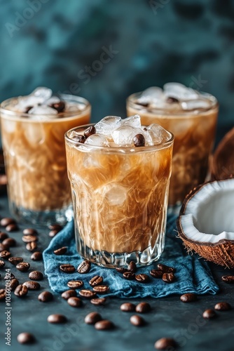 Refreshing iced coffee served in a glass alongside fresh coconut halves and c...