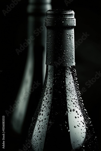 Elegant black bottles with wooden corks arranged in a stylish display against...
