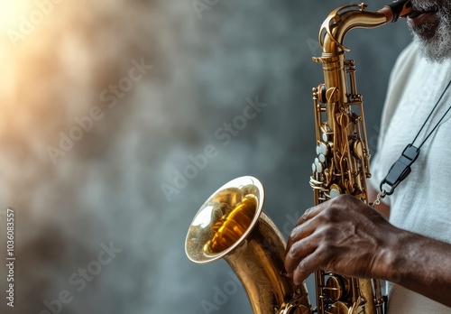 A saxophonist performing passionately in a dimly lit room with textured walls