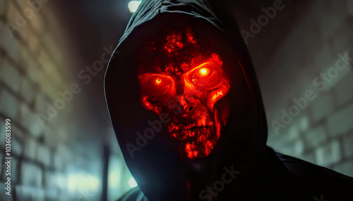 Evil Red-Eyed Skull in the Dark.