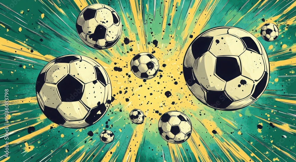 Dynamic comic art featuring multiple soccer balls on a vibrant, explosive background. Dynamic comic art featuring multiple soccer balls on a vibrant, explosive background.