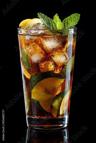 Vibrant fruits and mint in a refreshing summer drink, served in a clear glass