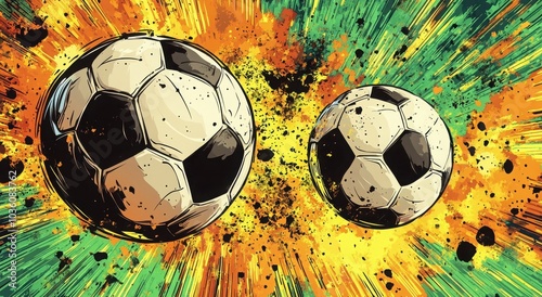 Dynamic soccer balls with vibrant splash art in green, yellow, and orange tones. photo