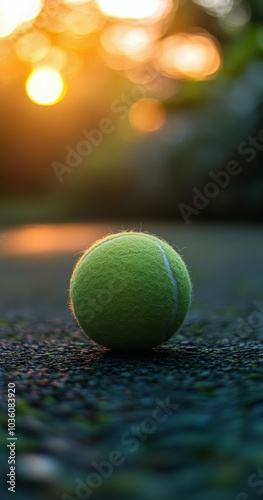 A solitary tennis ball resting on a court as the sun sets in the background d...