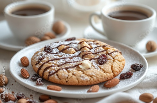 Freshly baked cookie with chocolate drizzle alongside two cups of coffee on a...
