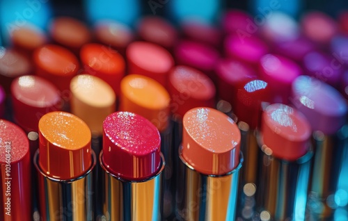 A vibrant display of various lipstick shades arranged neatly on a cosmetic co...