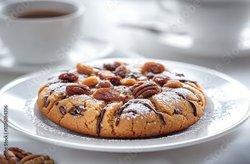 Freshly baked cookie with chocolate drizzle alongside two cups of coffee on a...