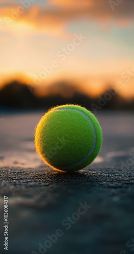 A solitary tennis ball resting on a court as the sun sets in the background d...
