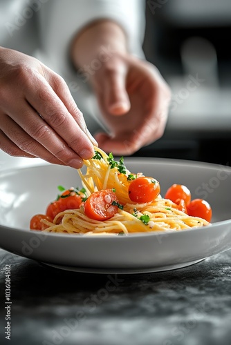 Preparing a delicious plate of spaghetti with fresh cherry tomatoes and herbs...