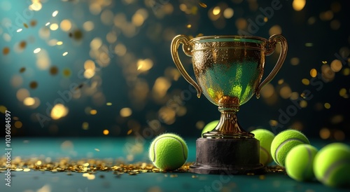 A golden trophy with tennis balls surrounded by festive confetti on a teal background.