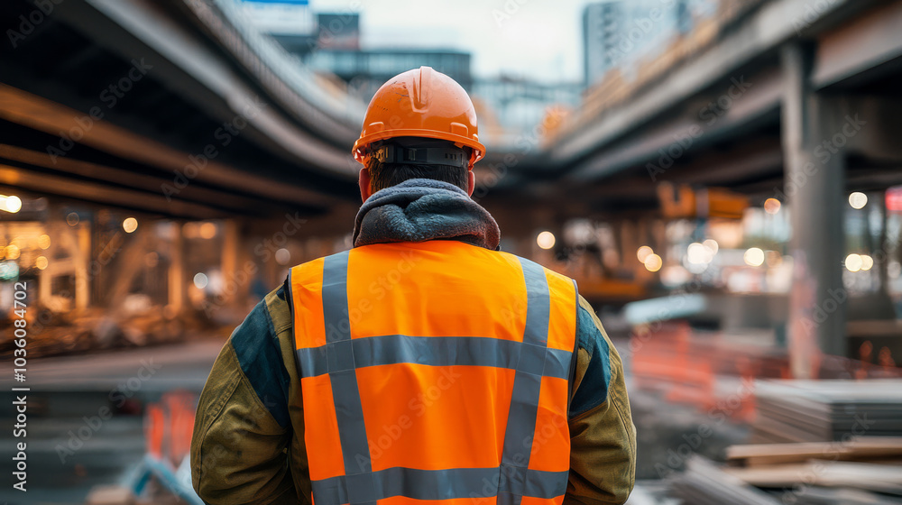 engineer wearing high visibility vest and hard hat stands at construction site, observing progress of urban infrastructure project. scene is bustling with activity