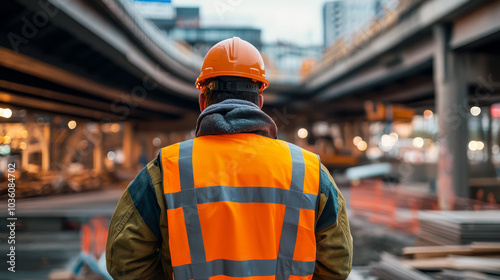 engineer wearing high visibility vest and hard hat stands at construction site, observing progress of urban infrastructure project. scene is bustling with activity