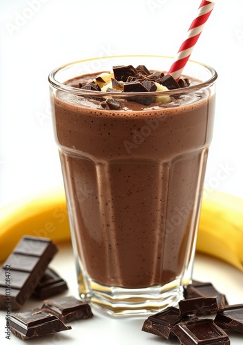 Decadent chocolate banana smoothie topped with chocolate pieces and a striped...