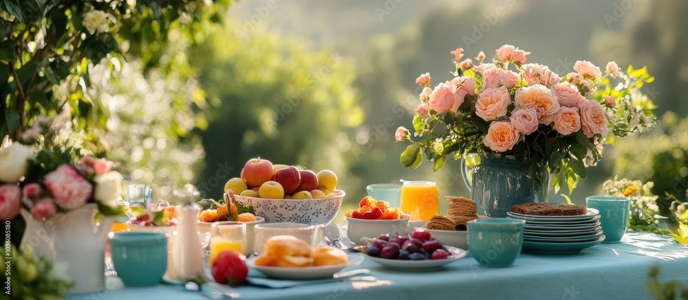 Fresh fruit, juice, and pastries arranged on a table for a summer breakfast outdoors with pink roses in a vase. Fresh fruit, juice, and pastries arranged on a table for a summer breakfast outdoors with pink roses in a vase.