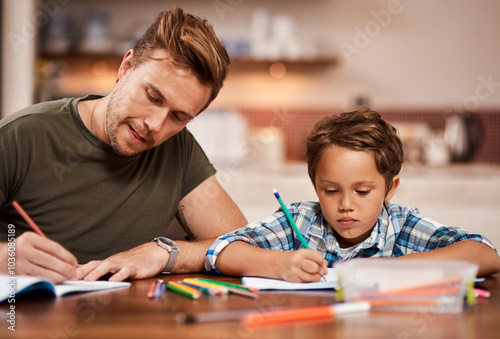 Education, writing and dad with child for knowledge, learning and creative lesson at house. Home school, notebook and happy father teaching boy at table writing for development, homework and studying