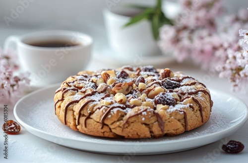 Freshly baked cookie with chocolate drizzle alongside two cups of coffee on a...