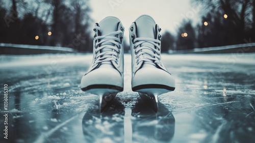 Skater lacing up classic white ice skates on a frozen outdoor rink at sunset